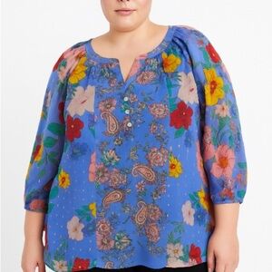 Fig & Flower Womens Floral Puff Sleeve Top 3X Peasant Boho Cottagecore Flowy